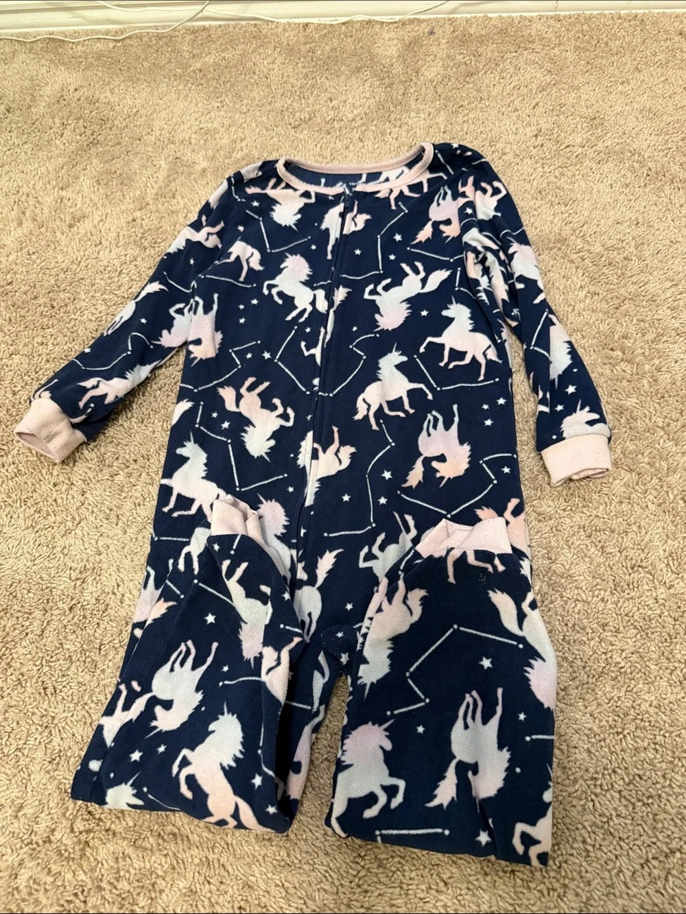 Carter's Navy Fleece Unicorn Pajama Set with Light Pink Trim size 7